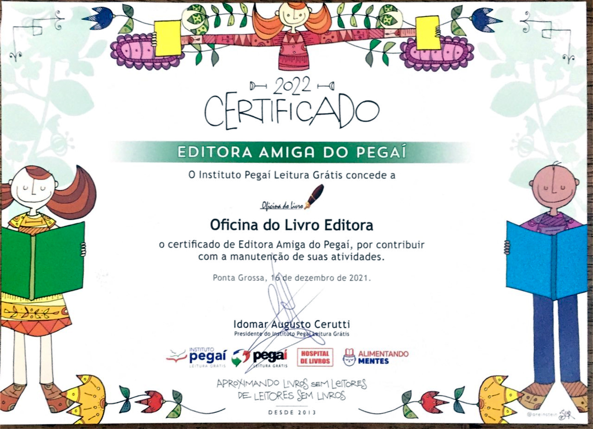 Certificado Editora Amiga do Instituto Pegaí — Oficina do Livro Editora